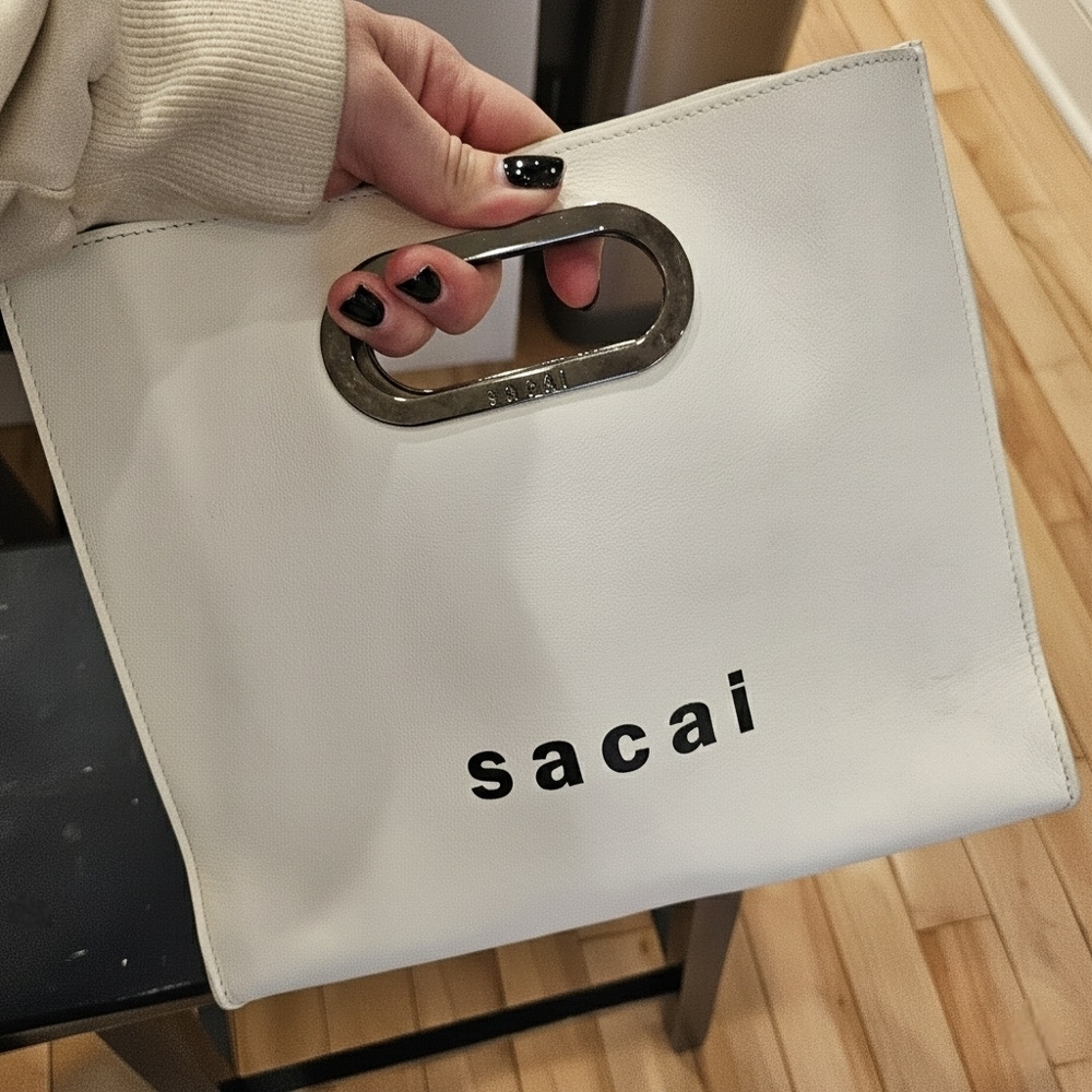Sacai White Shopper Bag with Silver Handle